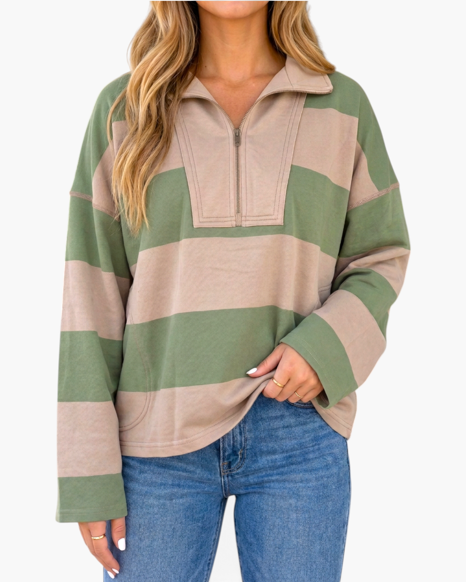 Beach Rose Co. sage green and taupe striped quarter-zip pullover with dropped shoulders and contrast stitching.