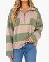 Beach Rose Co. sage green and taupe striped quarter-zip pullover with dropped shoulders and contrast stitching.