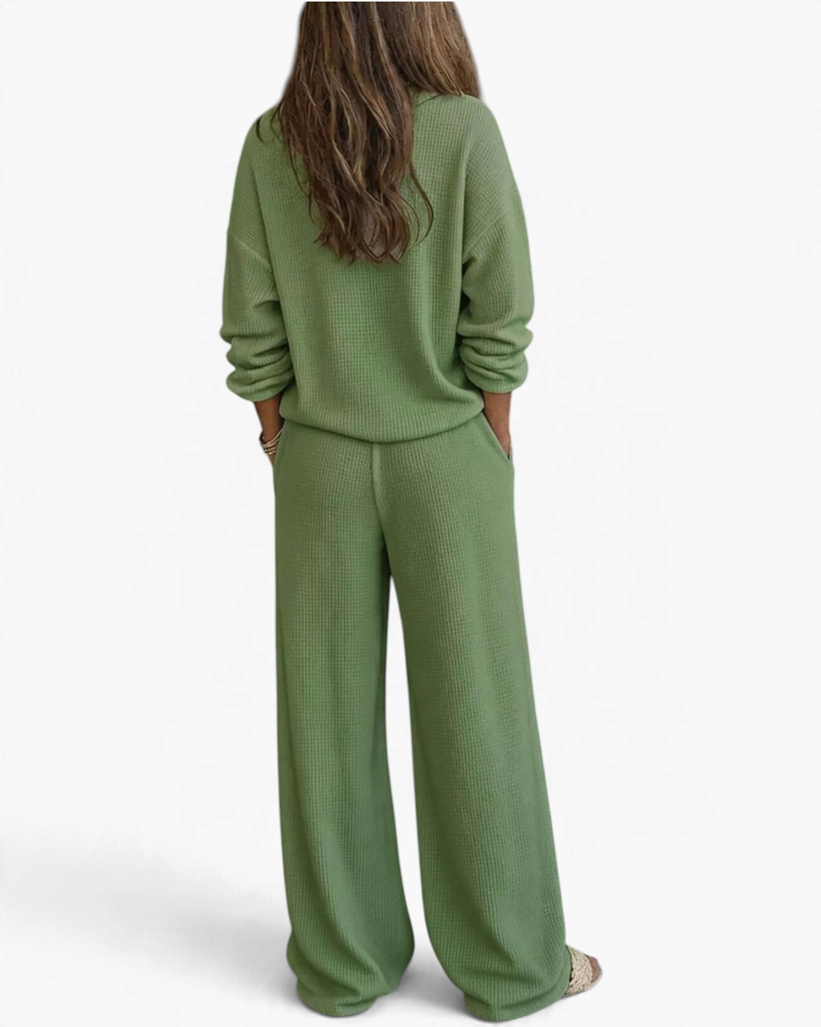 Beach Rose Co. sage green waffle knit two-piece lounge set with long sleeve top and wide leg pants, back view