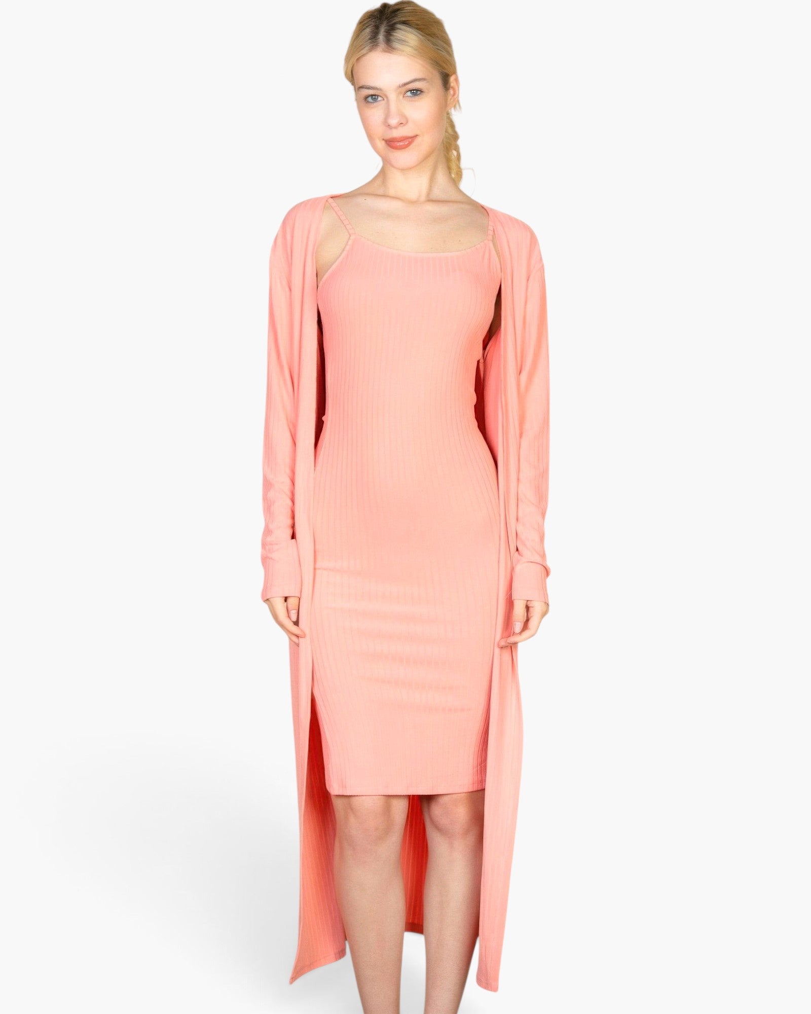 Beach Rose Co. salmon pink ribbed cami midi bodycon dress with matching long cardigan on a blonde model