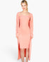 Beach Rose Co. salmon pink ribbed cami midi bodycon dress with matching long cardigan on a blonde model
