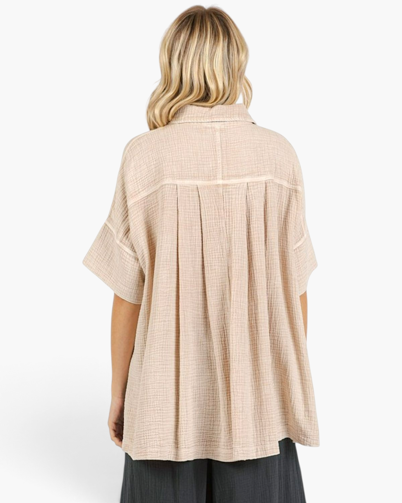 Beach Rose Co. sand cotton gauze shirt with an oversized fit, short sleeves, and a pleated back detail.