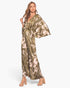 Beach Rose Co. Dreaming Lily satin cape jumpsuit in olive green with floral print and flowing cape sleeves