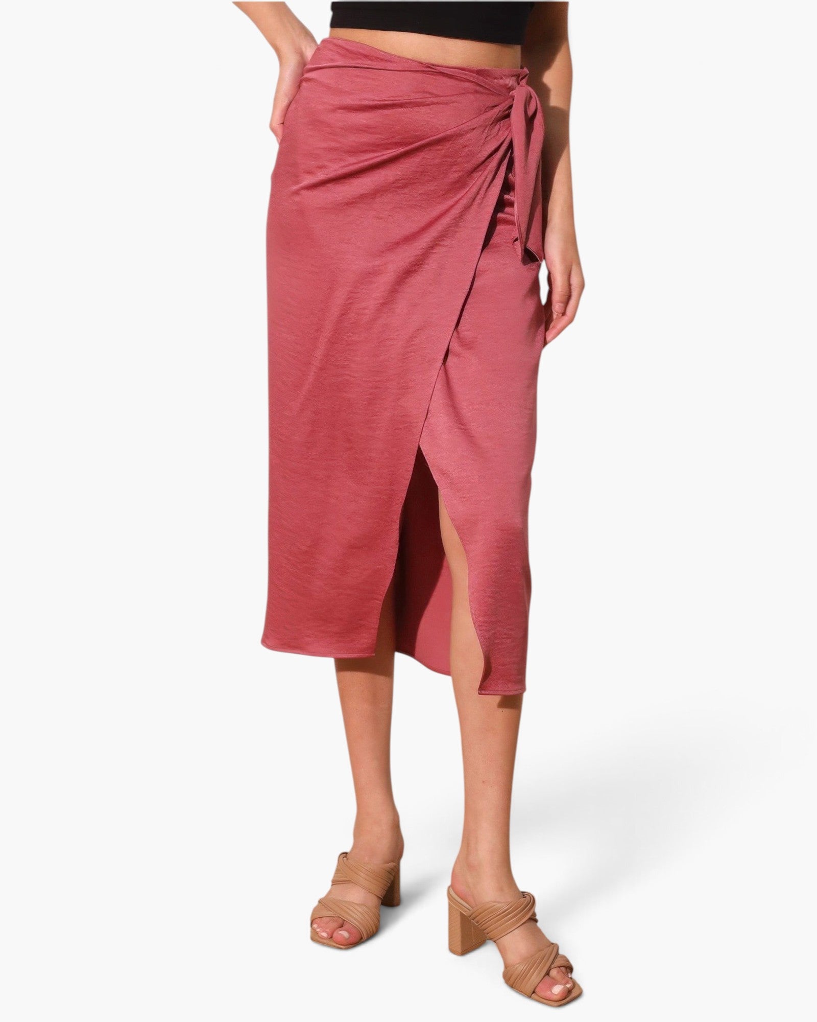 Beach Rose Co. washed satin crepe midi skirt in dusty rose featuring a side wrap design with an adjustable tie waist.