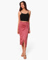 Beach Rose Co. washed satin crepe midi skirt in dusty rose with a side wrap tie, worn by a model with a black top.
