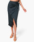 Beach Rose Co. dark grey washed satin crepe midi skirt with a side wrap tie closure and front slit