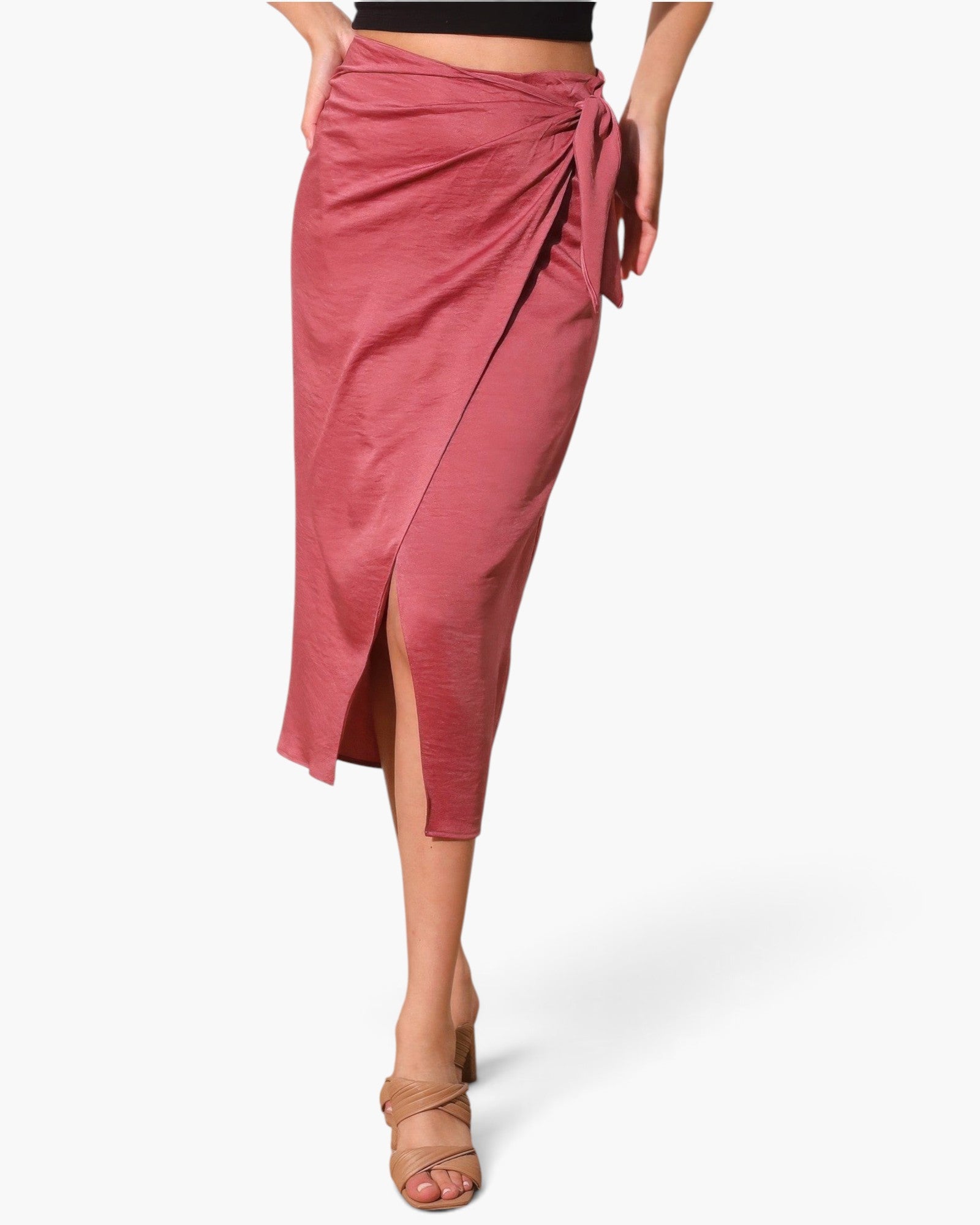 Beach Rose Co. dusty rose midi skirt in washed satin crepe with a side wrap tie closure and front slit
