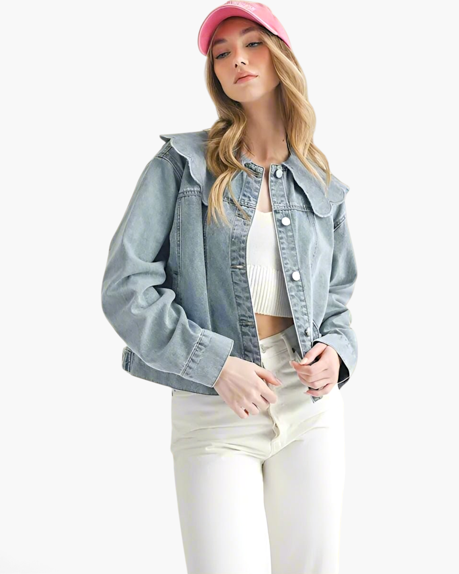 Beach Rose Co. light wash denim jacket with oversized scalloped collar worn by a model in a pink cap.