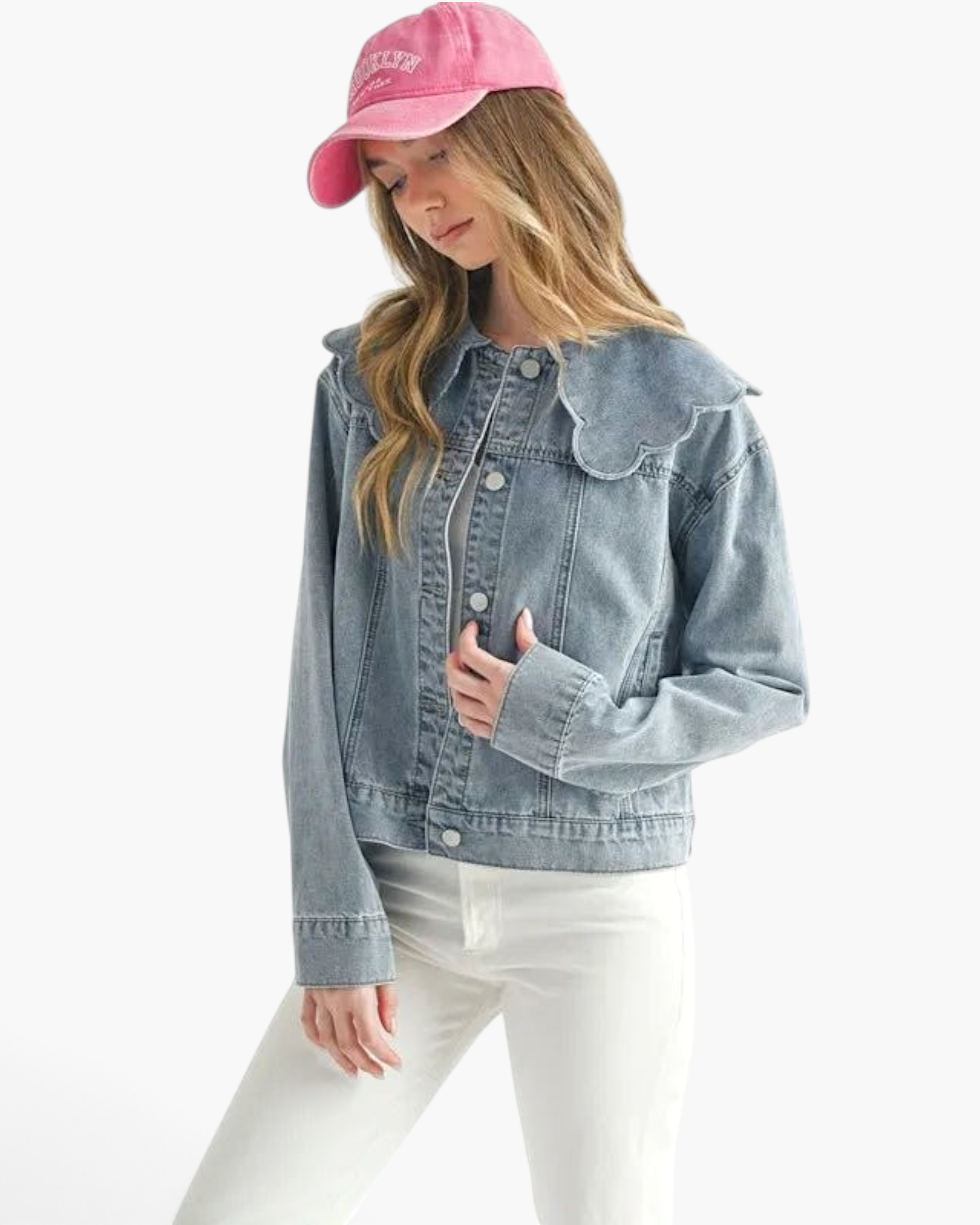 Beach Rose Co. light wash denim jacket with an oversized scalloped collar, button-front, and relaxed fit.