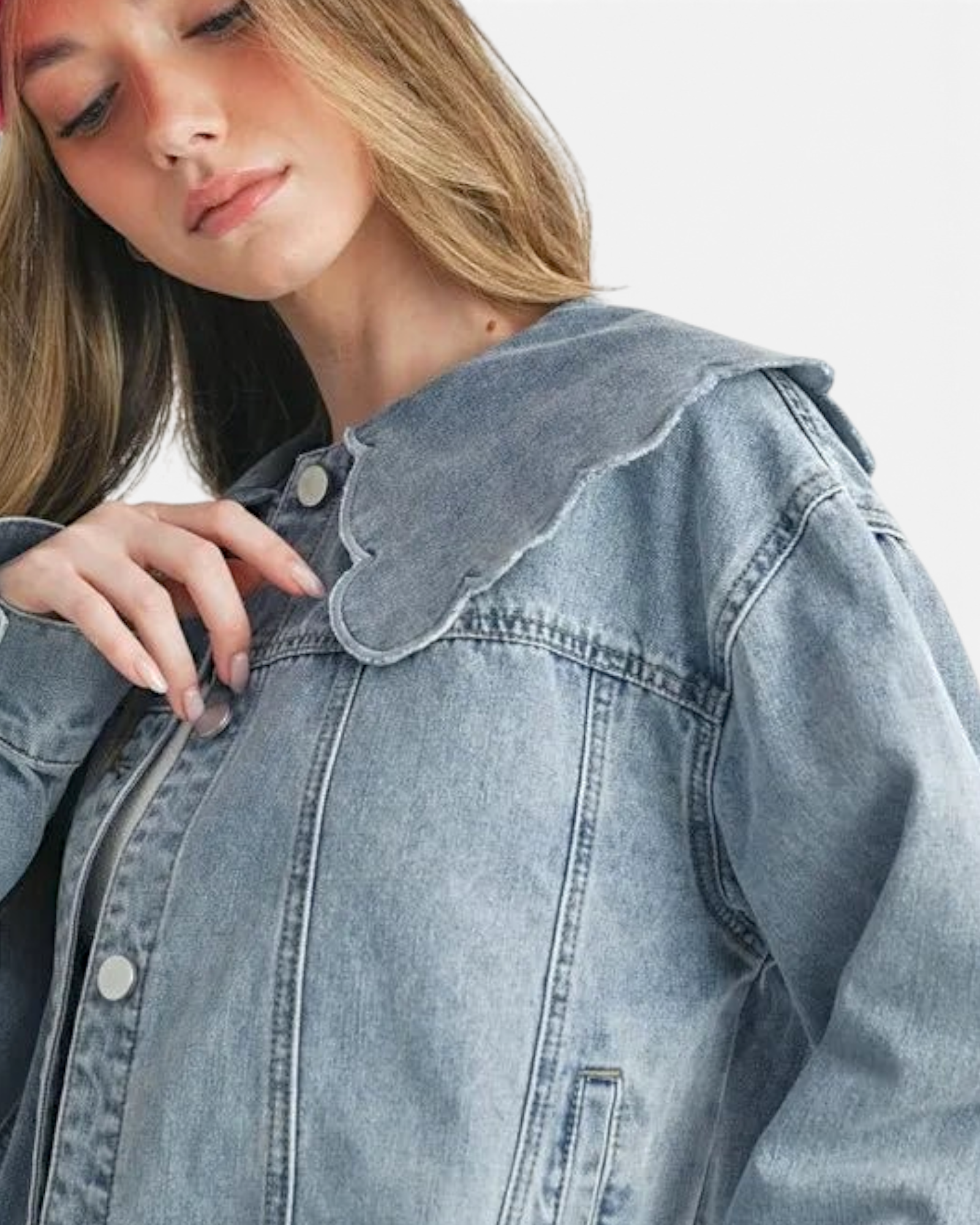 Beach Rose Co. light wash denim jacket featuring an oversized scalloped collar and button-front design on a model.