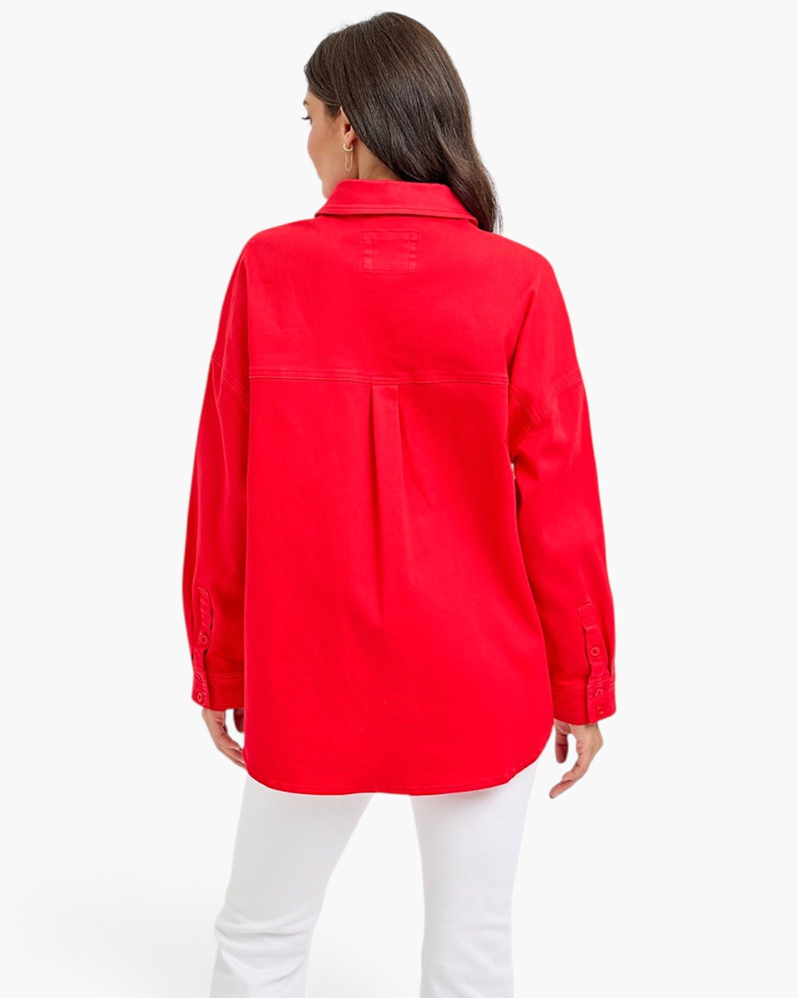 Beach Rose Co. scarlet oversized denim shirt jacket with dropped shoulders and a curved hem, back view.