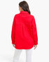 Beach Rose Co. scarlet oversized denim shirt jacket with dropped shoulders and a curved hem, back view.