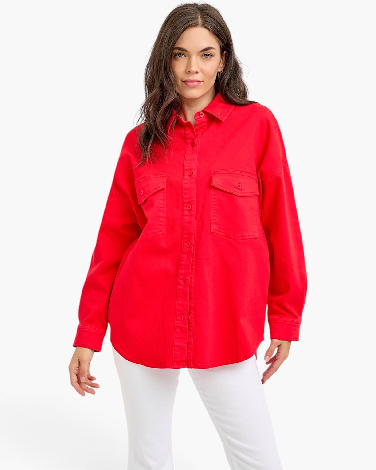 Beach Rose Co. scarlet oversized denim shirt jacket with button-front closure and chest pockets on a female model