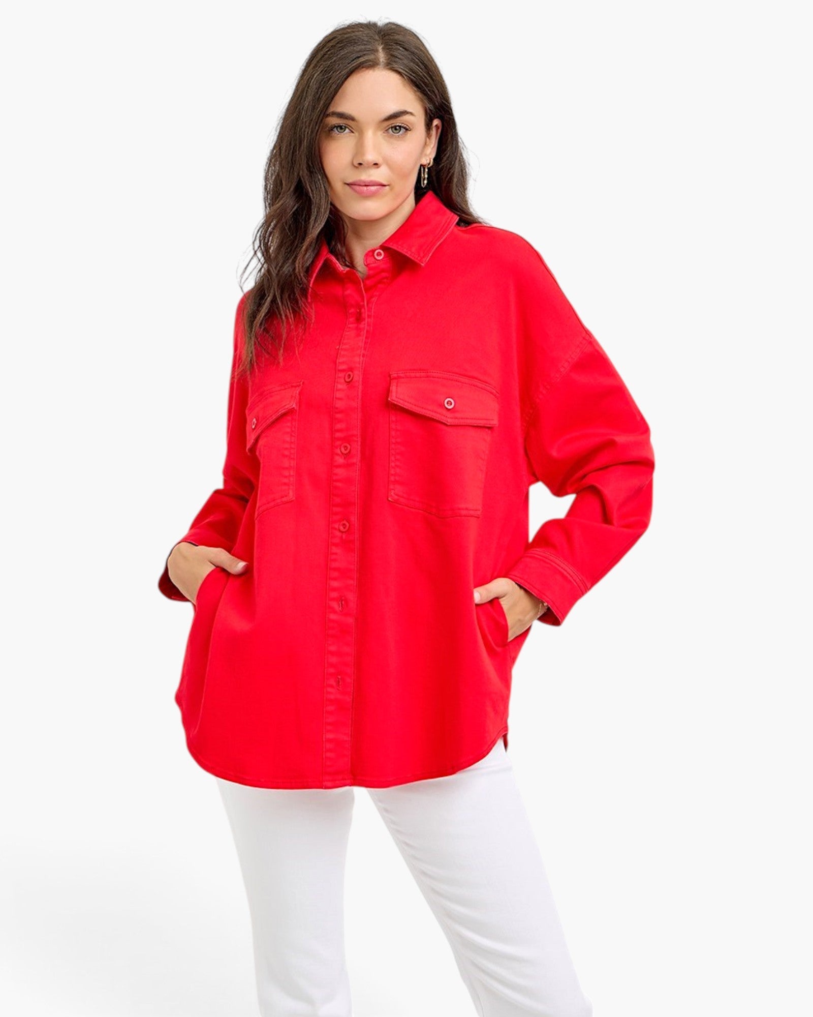 Beach Rose Co. scarlet oversized denim shirt jacket with button-front, chest pockets, and dropped shoulders on model