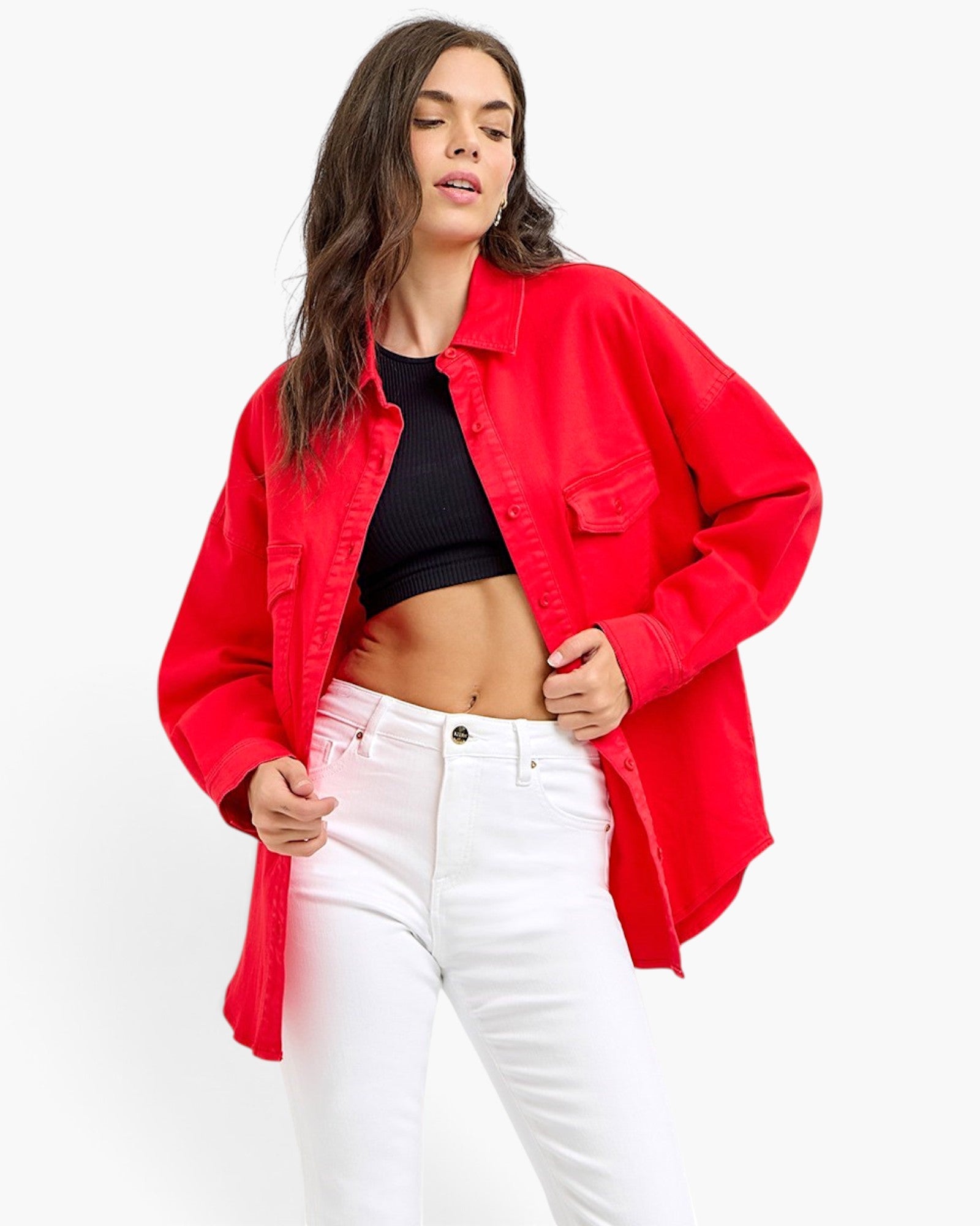Beach Rose Co. scarlet oversized denim shirt jacket with button-front closure and chest pockets on a female model