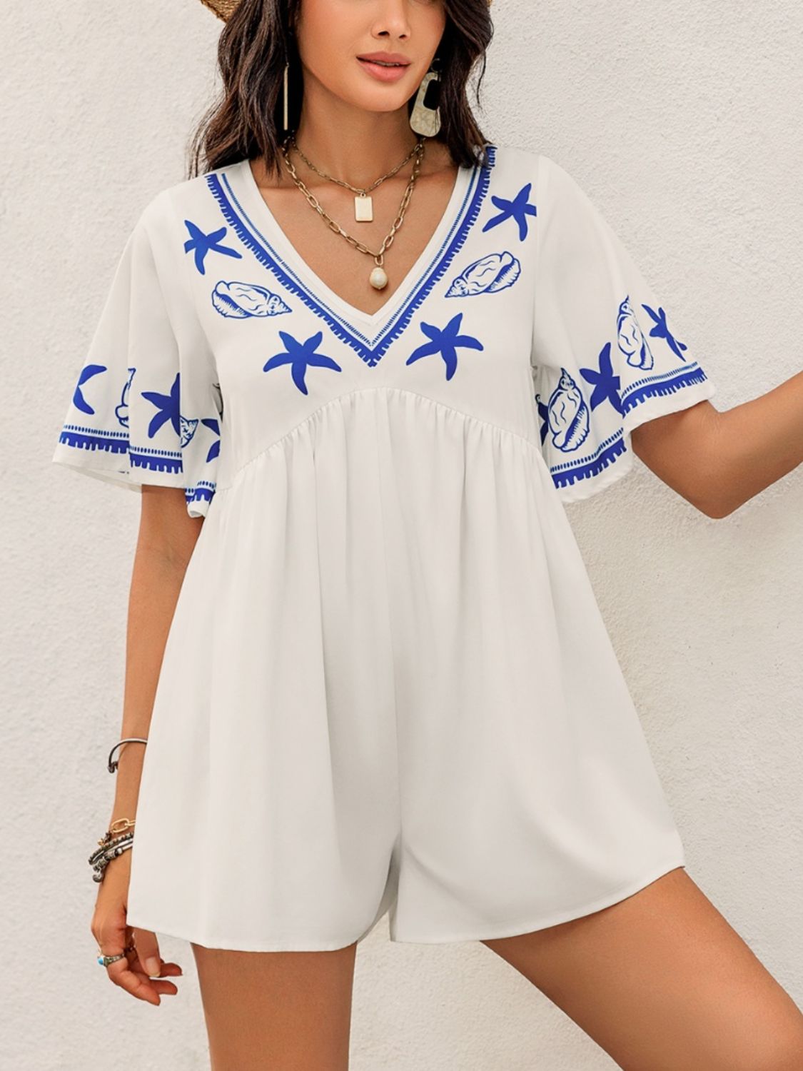 Beach Rose Co. - Seashell Starfish Print V - Neck Half Sleeve Romper in Cream