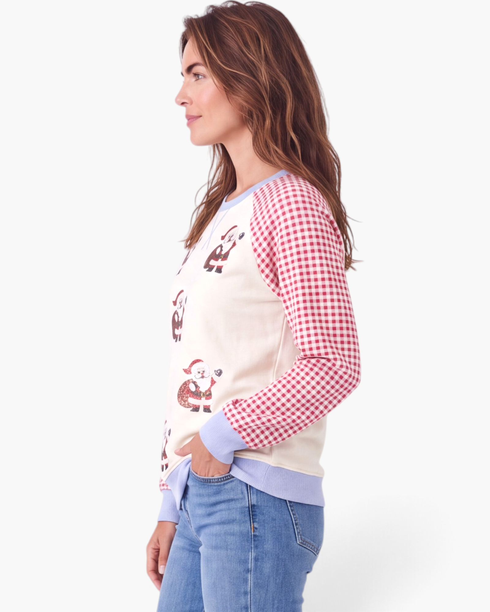 Beach Rose Co. cream Christmas sweatshirt with sequin Santa motifs and red gingham raglan sleeves, side view.