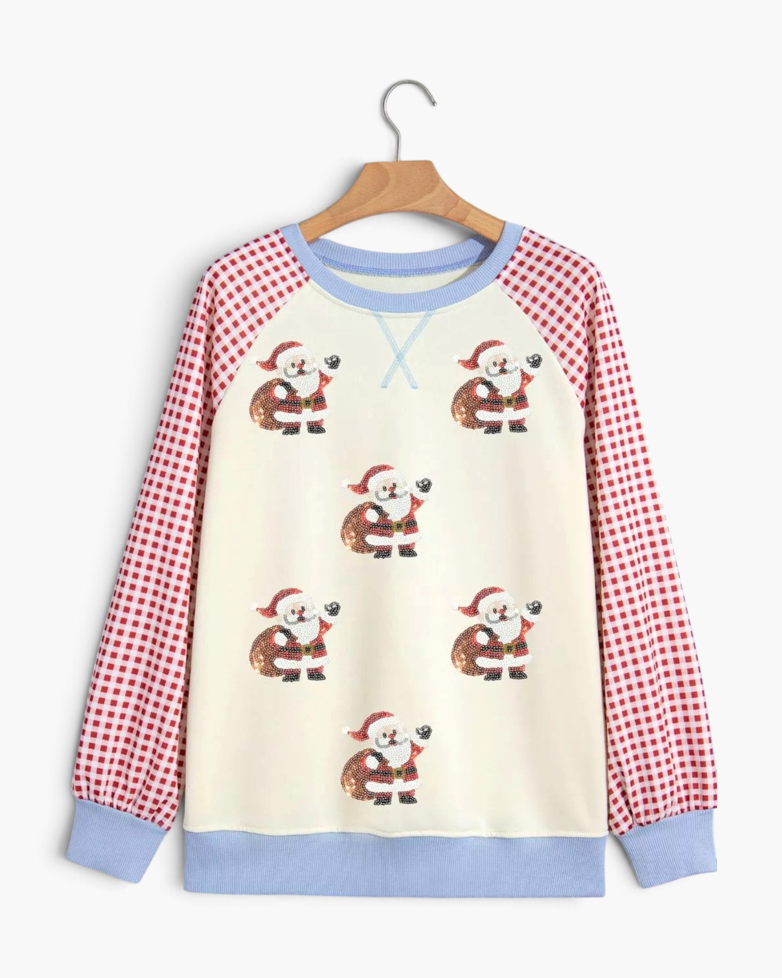 Beach Rose Co. cream sweatshirt with sequin Santa motifs, red gingham raglan sleeves, and light blue ribbed trim.