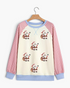 Beach Rose Co. cream sweatshirt with sequin Santa motifs, red gingham raglan sleeves, and light blue ribbed trim.