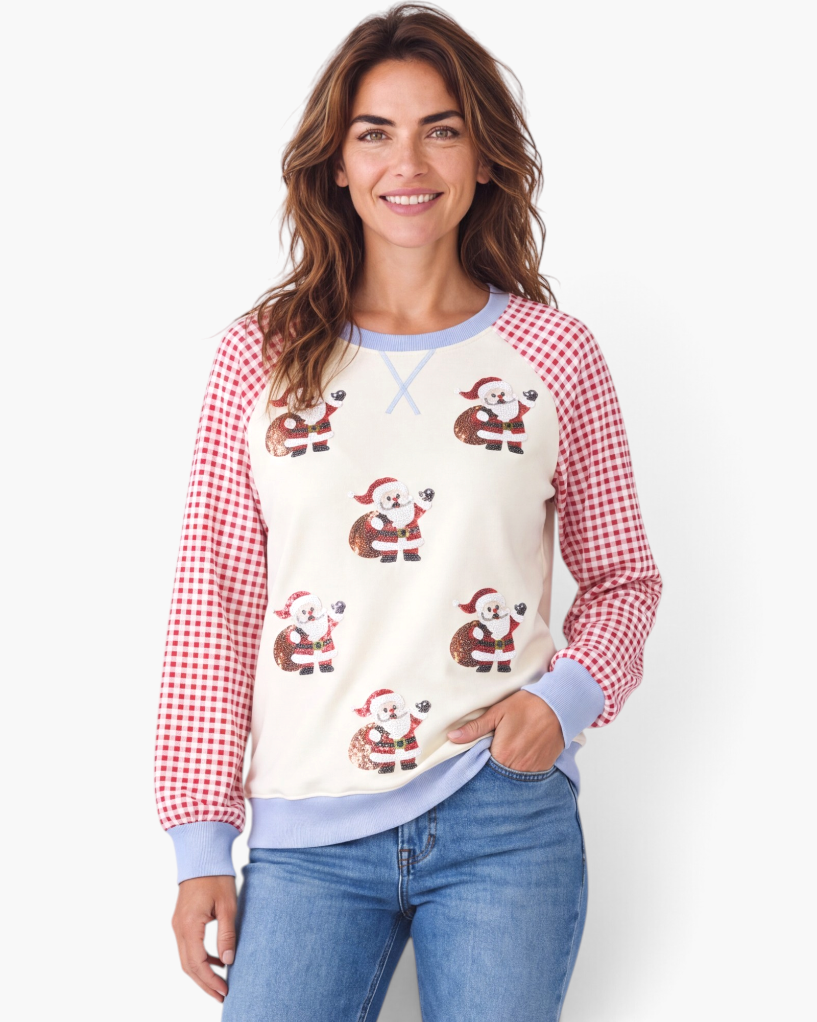 Beach Rose Co. cream sweatshirt with sequin Santa motifs, red gingham raglan sleeves, and light blue ribbed trim.