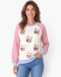 Beach Rose Co. cream sweatshirt with sequin Santa motifs, red gingham raglan sleeves, and light blue ribbed trim.