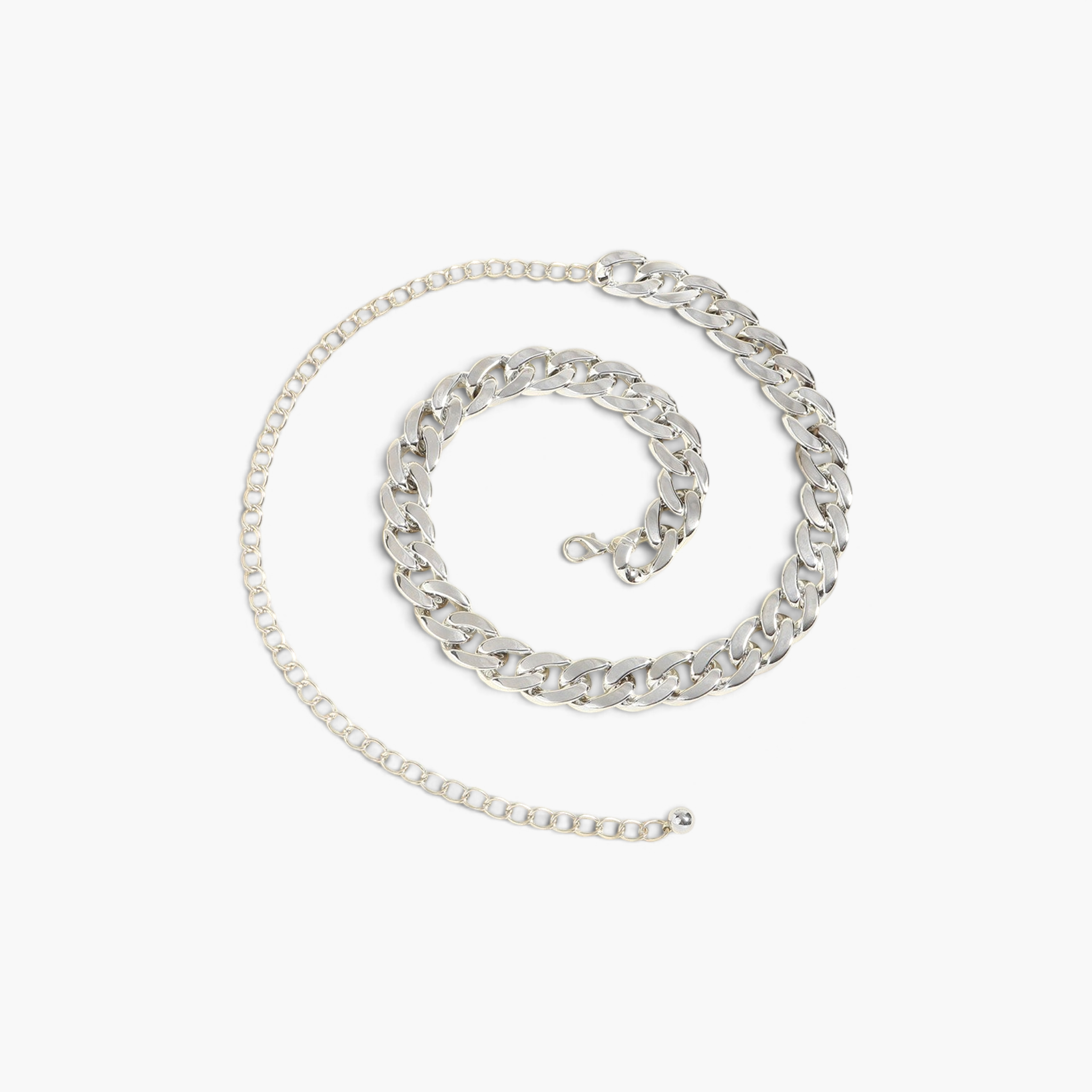 Beach Rose Co. adjustable silver-tone curb chain belt made of acrylic and aluminum links.