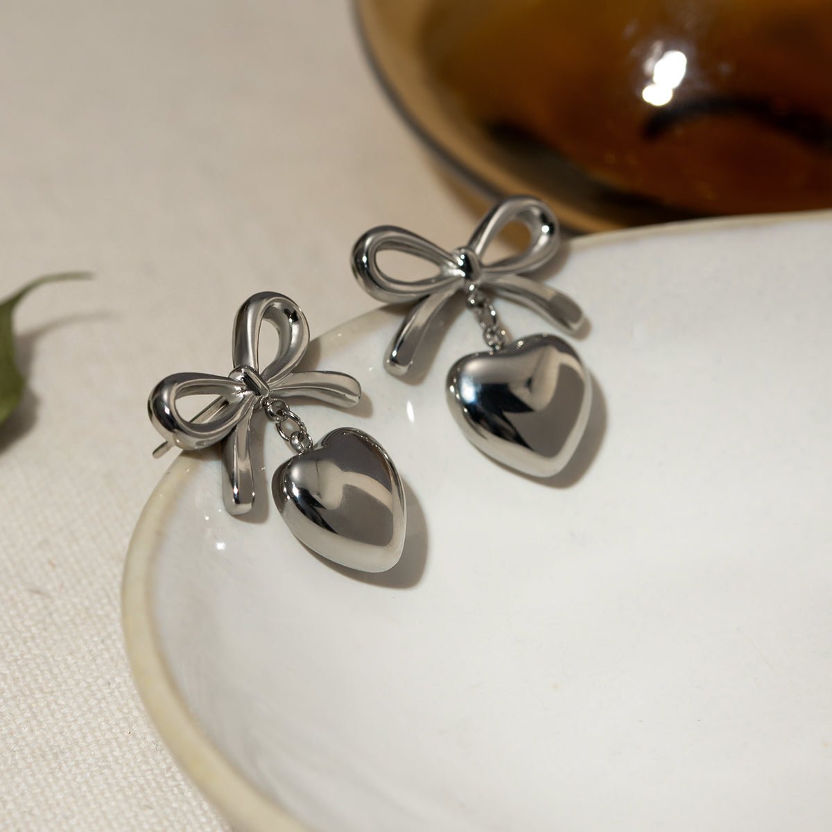 Beach Rose Co. - Silver Bow & Heart Drop Earrings