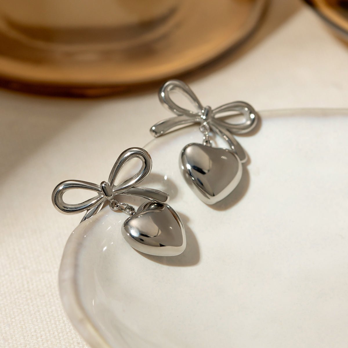 Beach Rose Co. - Silver Bow & Heart Drop Earrings