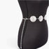 Beach Rose Co. silver multi metal chain belt with circular medallions worn on a black mannequin torso