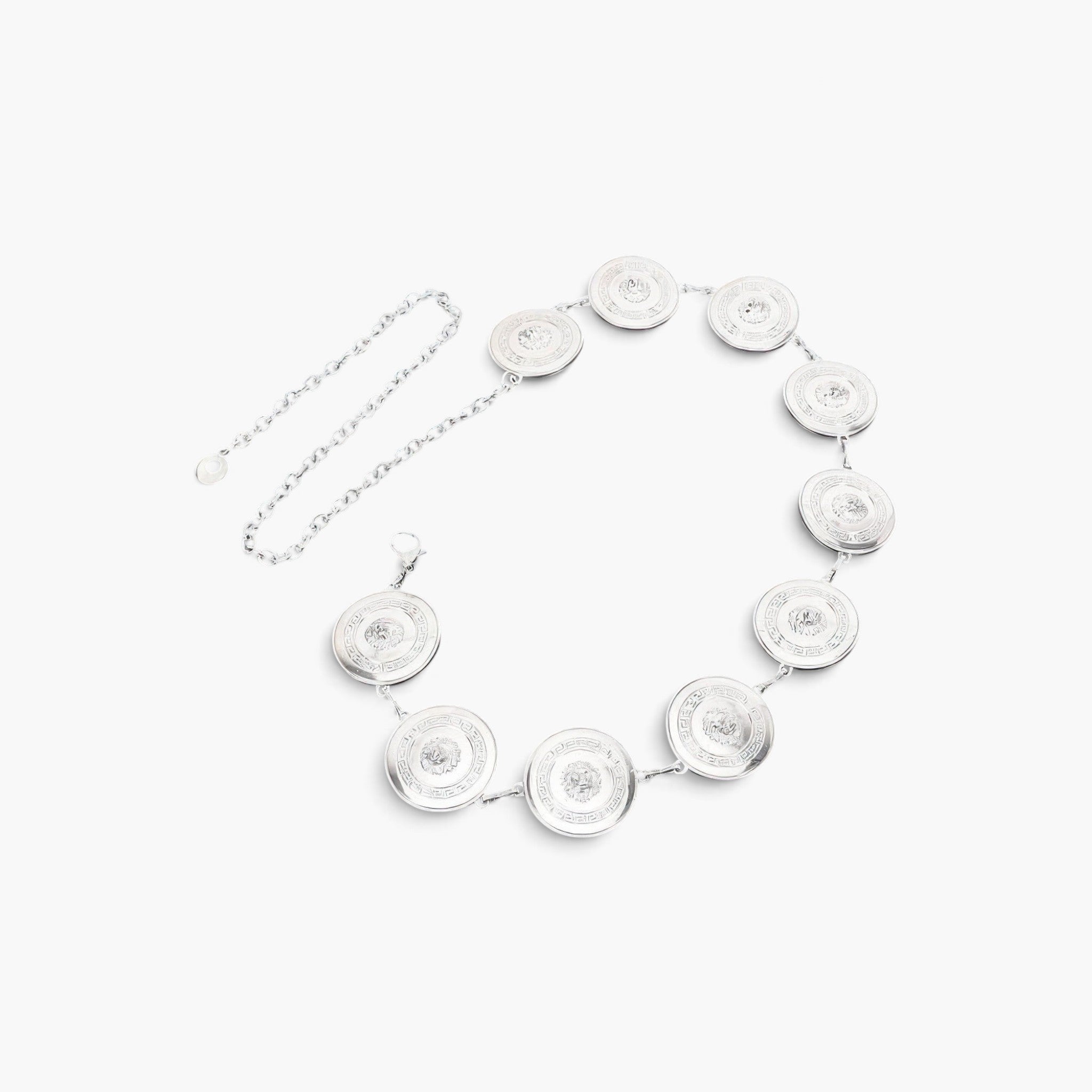 Beach Rose Co. silver multi metal chain belt featuring interlocking circular accents for a glamorous waist accessory.
