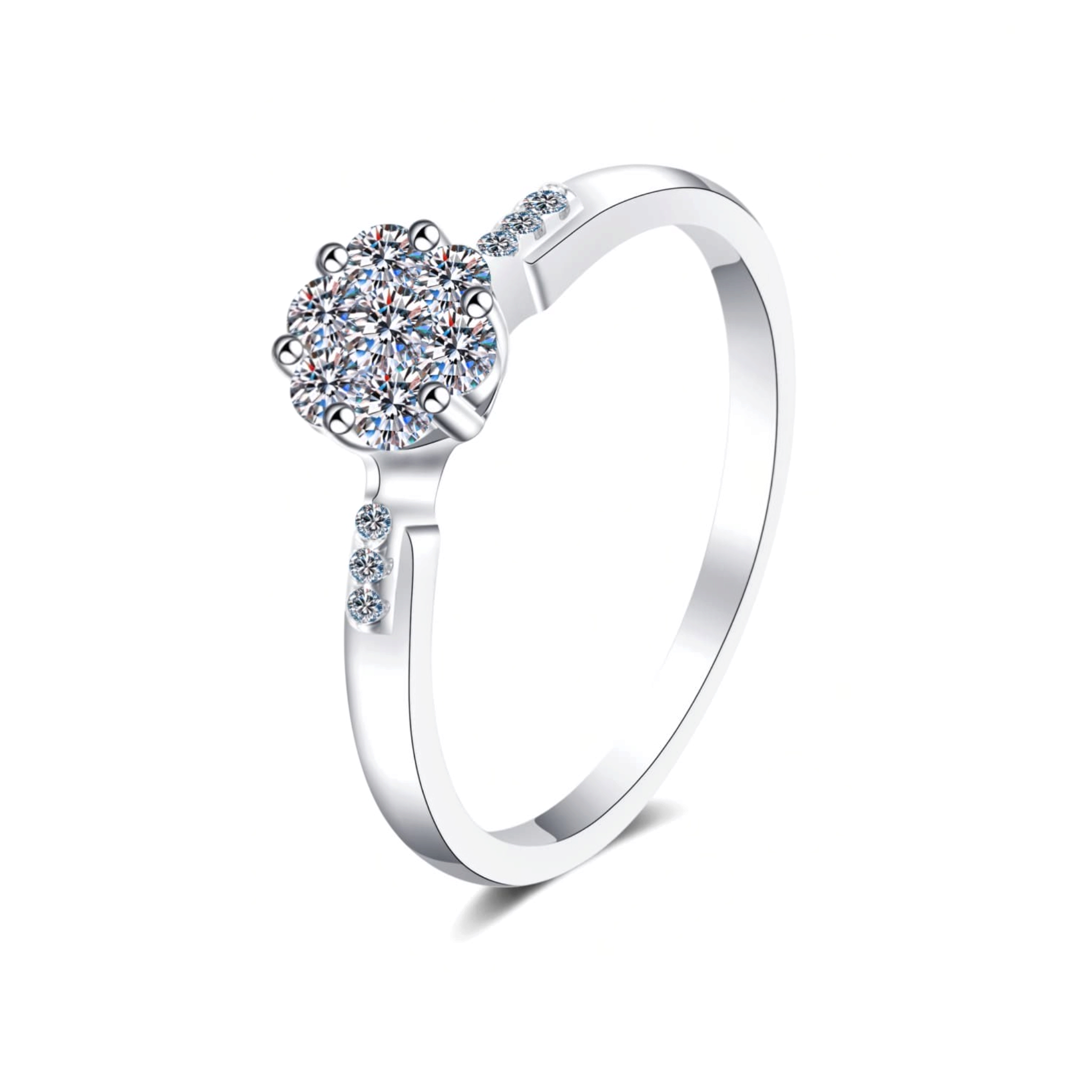 Beach Rose Co. silver floral cluster ring with moissanite and zircon stones on a slim rhodium-plated sterling band.
