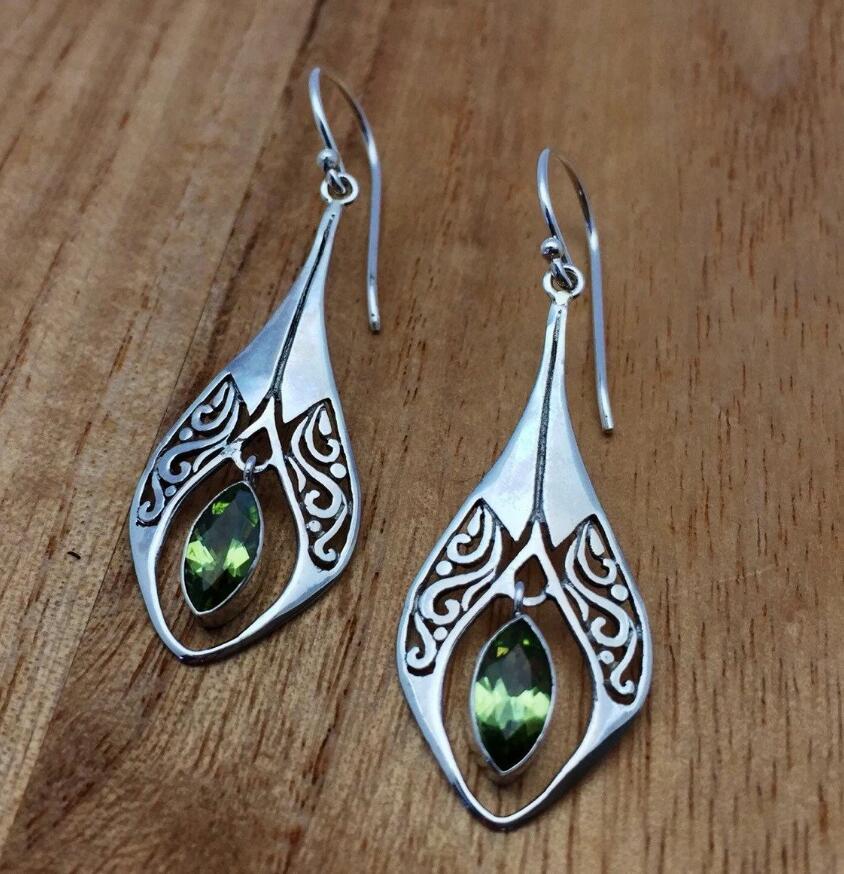 Beach Rose Co. - Silver Green Rhinestone Dangle Earrings