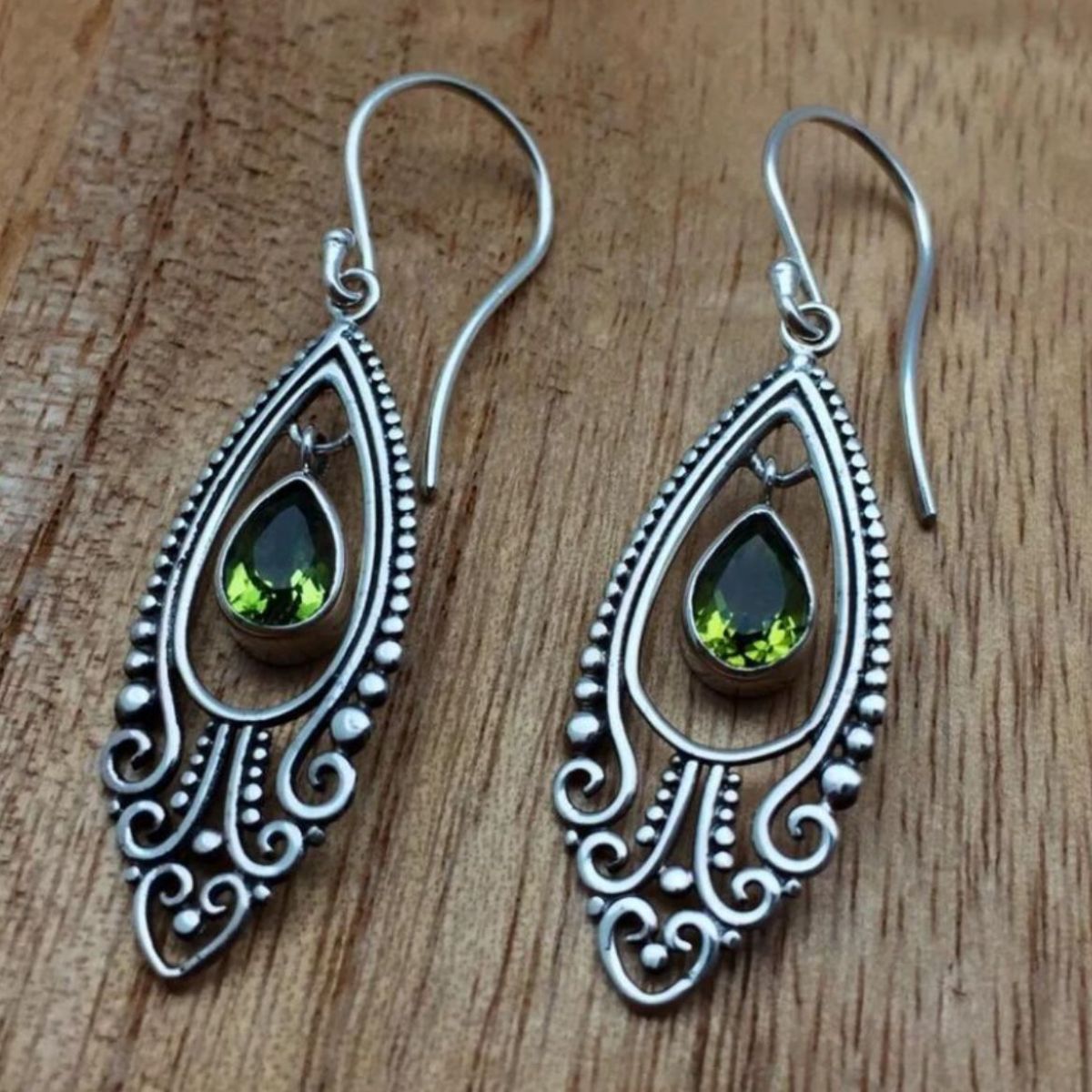 Beach Rose Co. - Silver Green Rhinestone Filagree Dangle Earrings