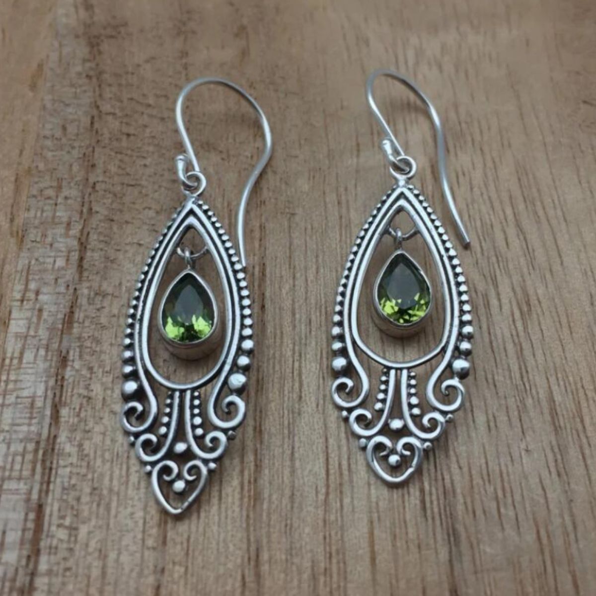 Beach Rose Co. - Silver Green Rhinestone Filagree Dangle Earrings