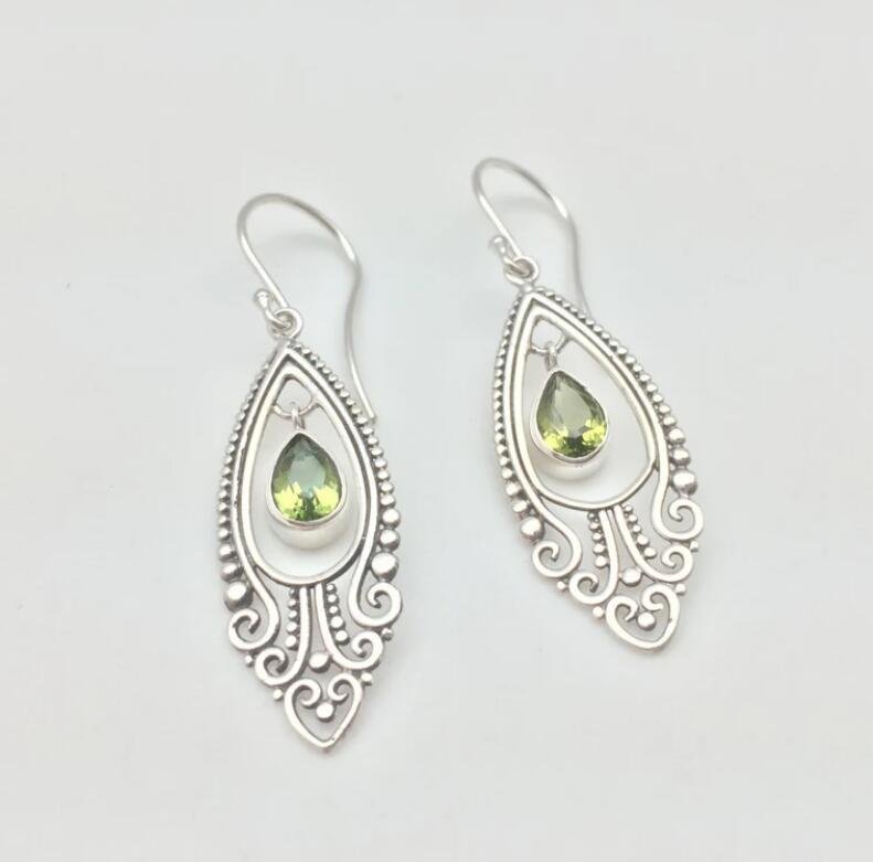 Beach Rose Co. - Silver Green Rhinestone Filagree Dangle Earrings