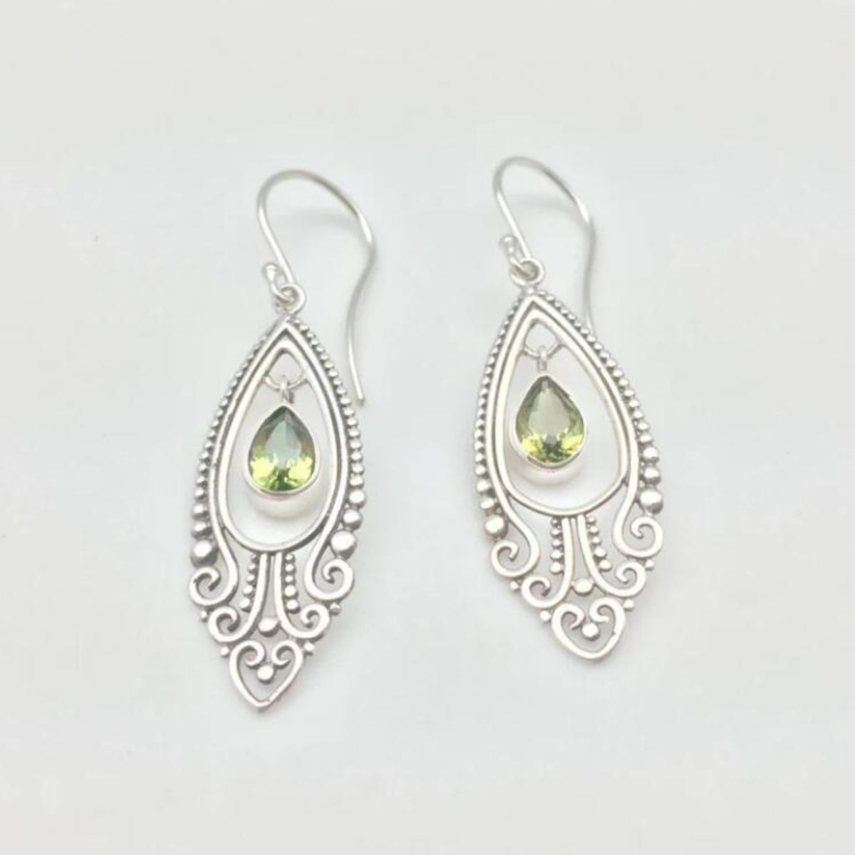 Beach Rose Co. - Silver Green Rhinestone Filagree Dangle Earrings