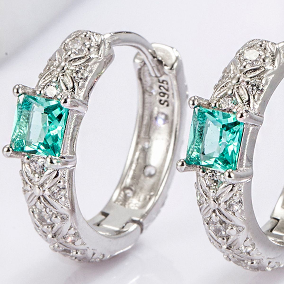 Beach Rose Co. - Silver Inlaid Aqua Zircon Huggie Earrings