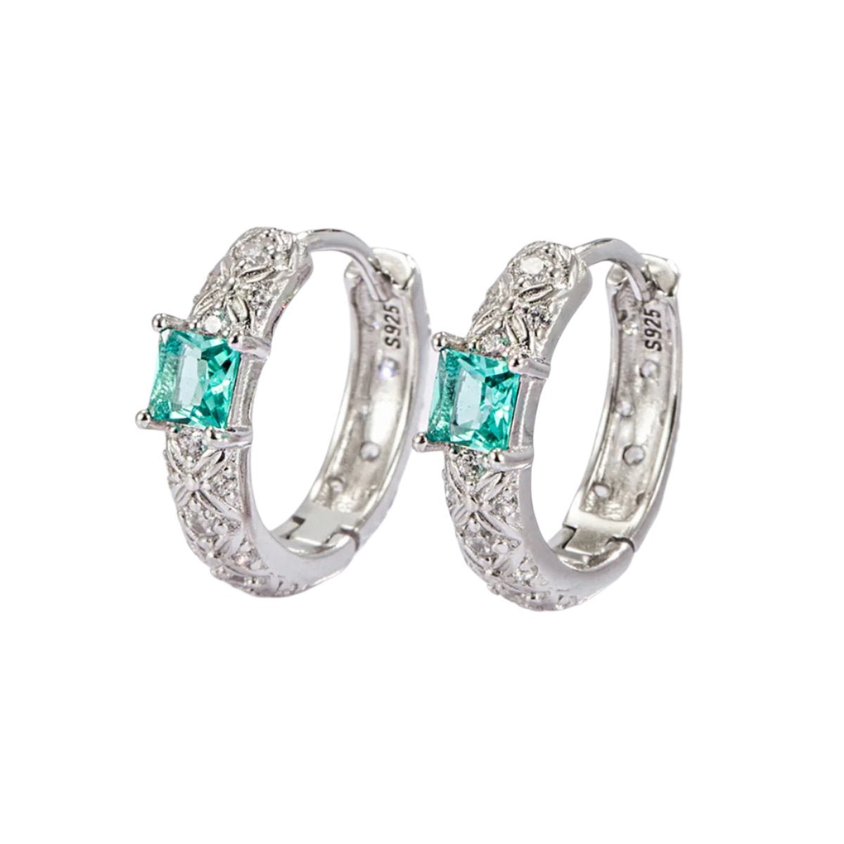 Beach Rose Co. - Silver Inlaid Aqua Zircon Huggie Earrings