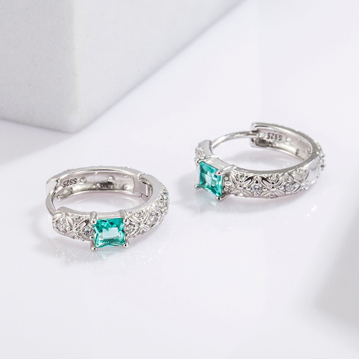 Beach Rose Co. - Silver Inlaid Aqua Zircon Huggie Earrings