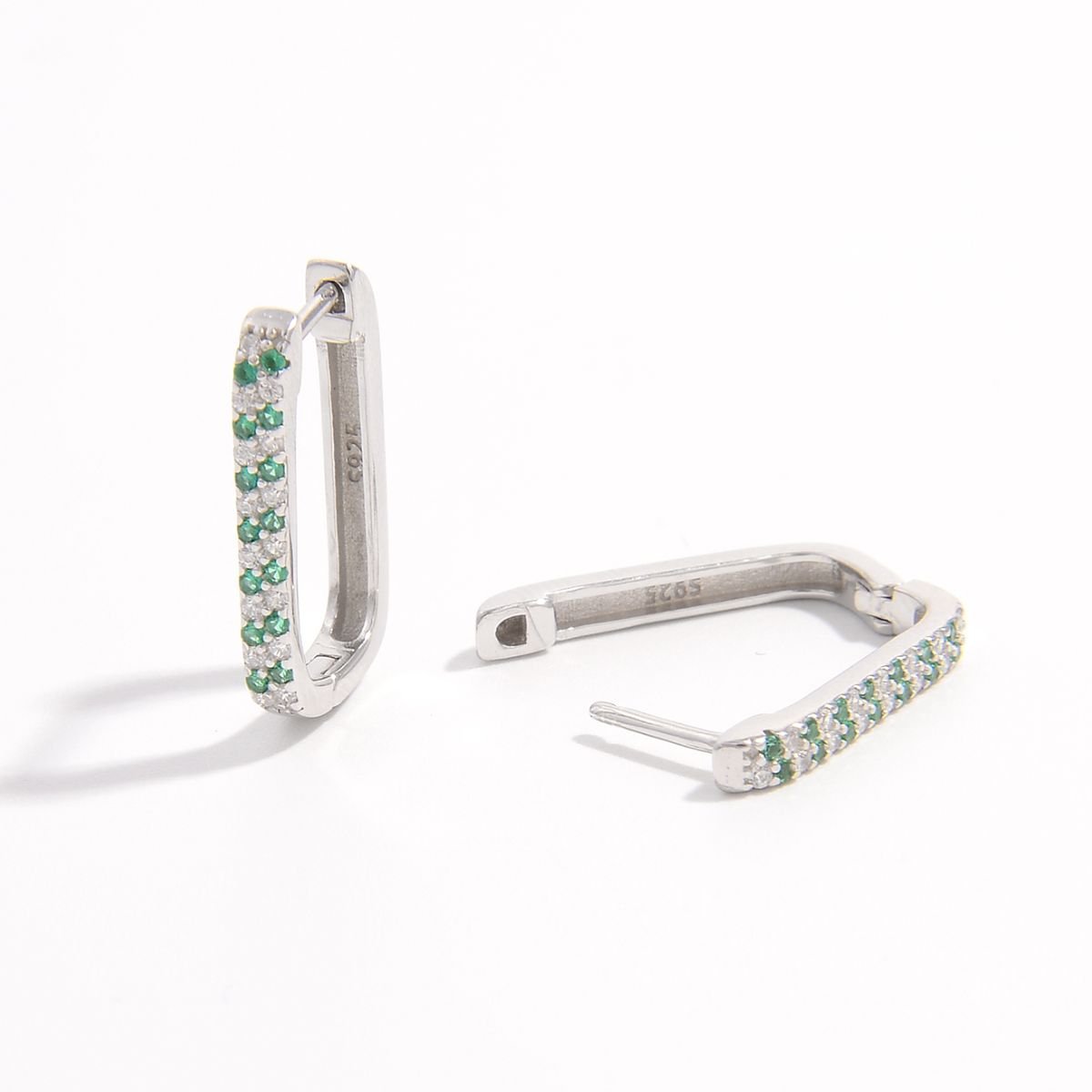 Beach Rose Co. - Silver Inlaid Green Zircon Square Huggie Earrings