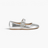 Beach Rose Co. silver Mary Jane flats with a glossy finish, rounded toe, and a sparkling jewel-trimmed buckle strap.