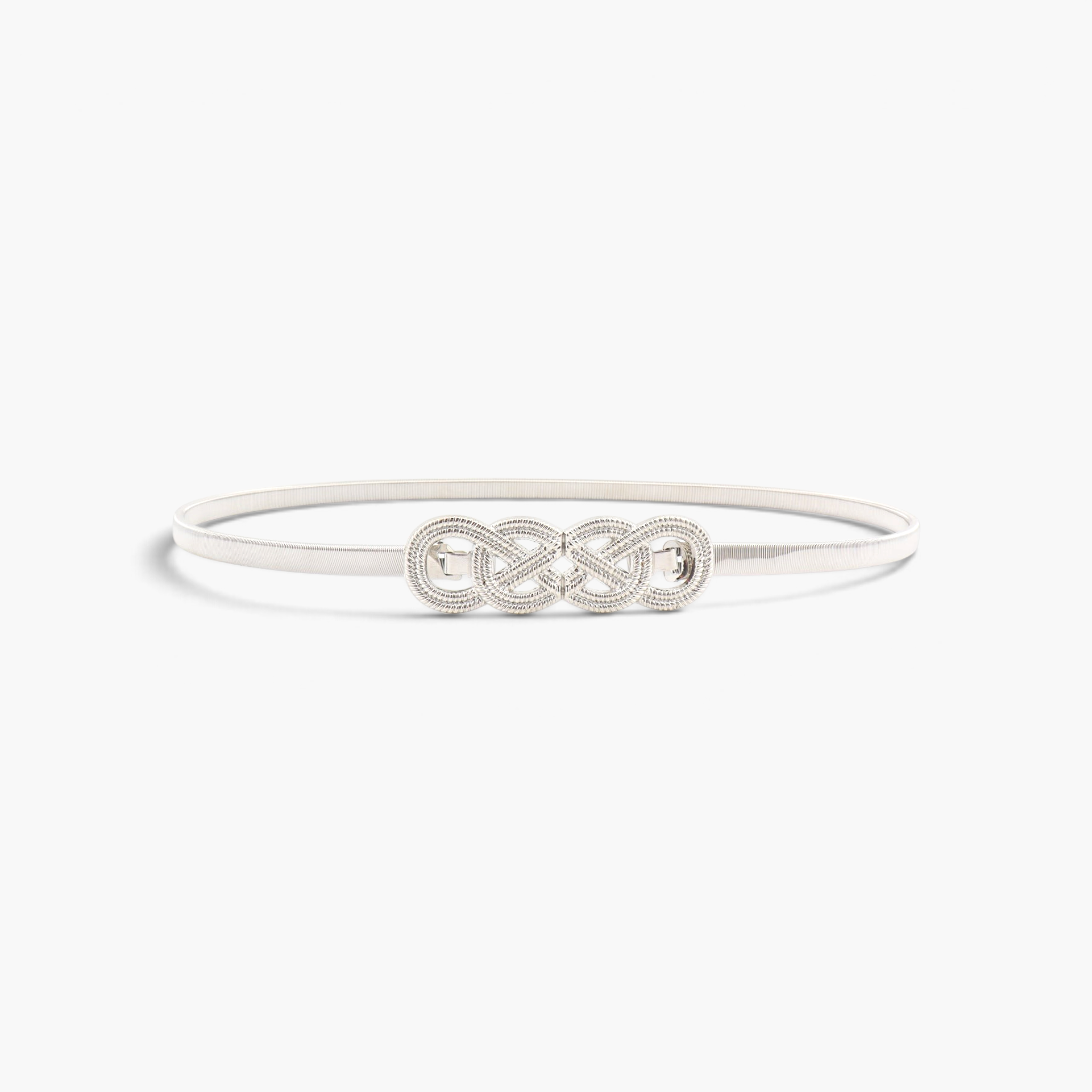 Beach Rose Co. slim silver metal waist belt featuring an intricate interwoven knot buckle with textured detailing.