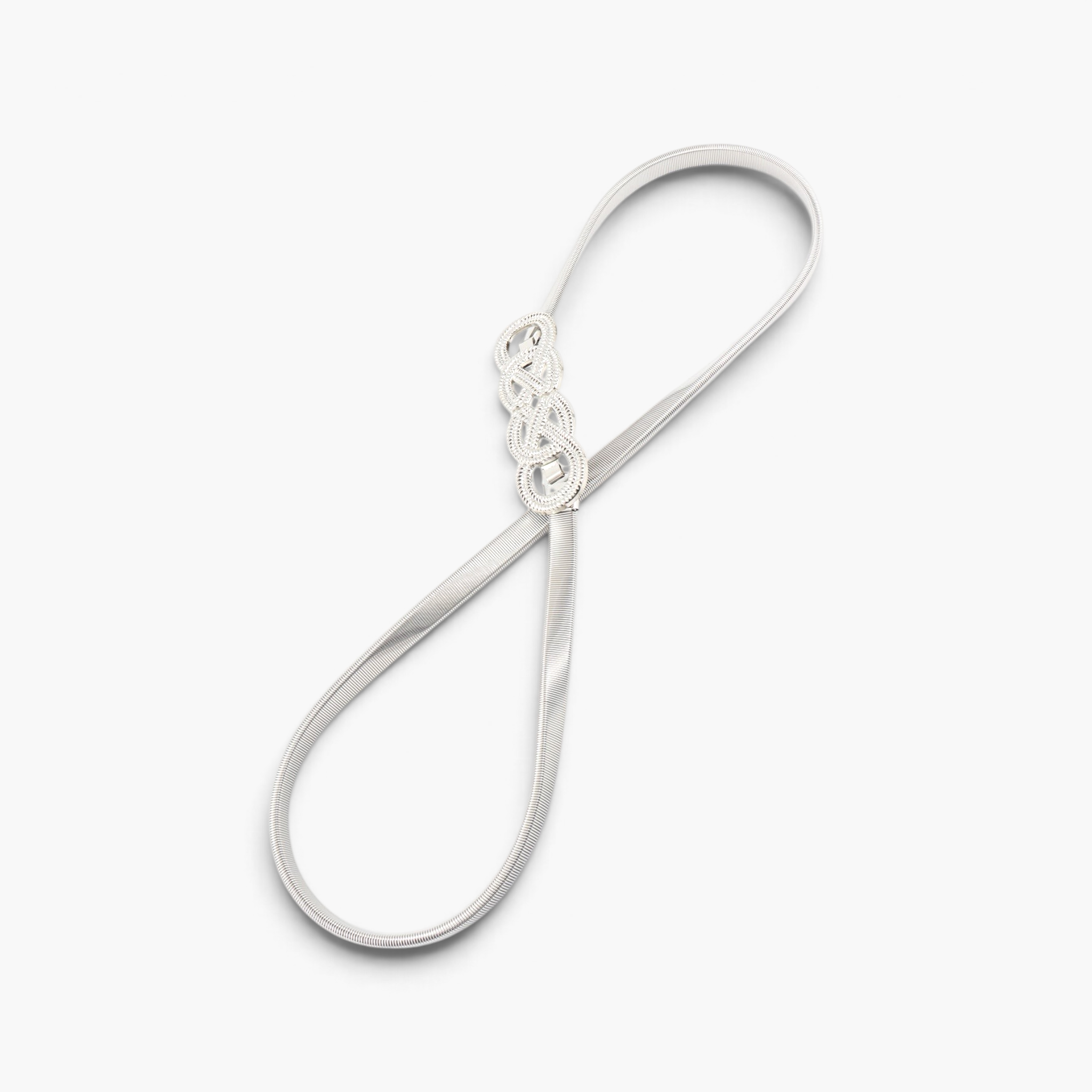 Beach Rose Co. slim silver metal waist belt featuring an intricate interwoven knot buckle and a finely ridged band.