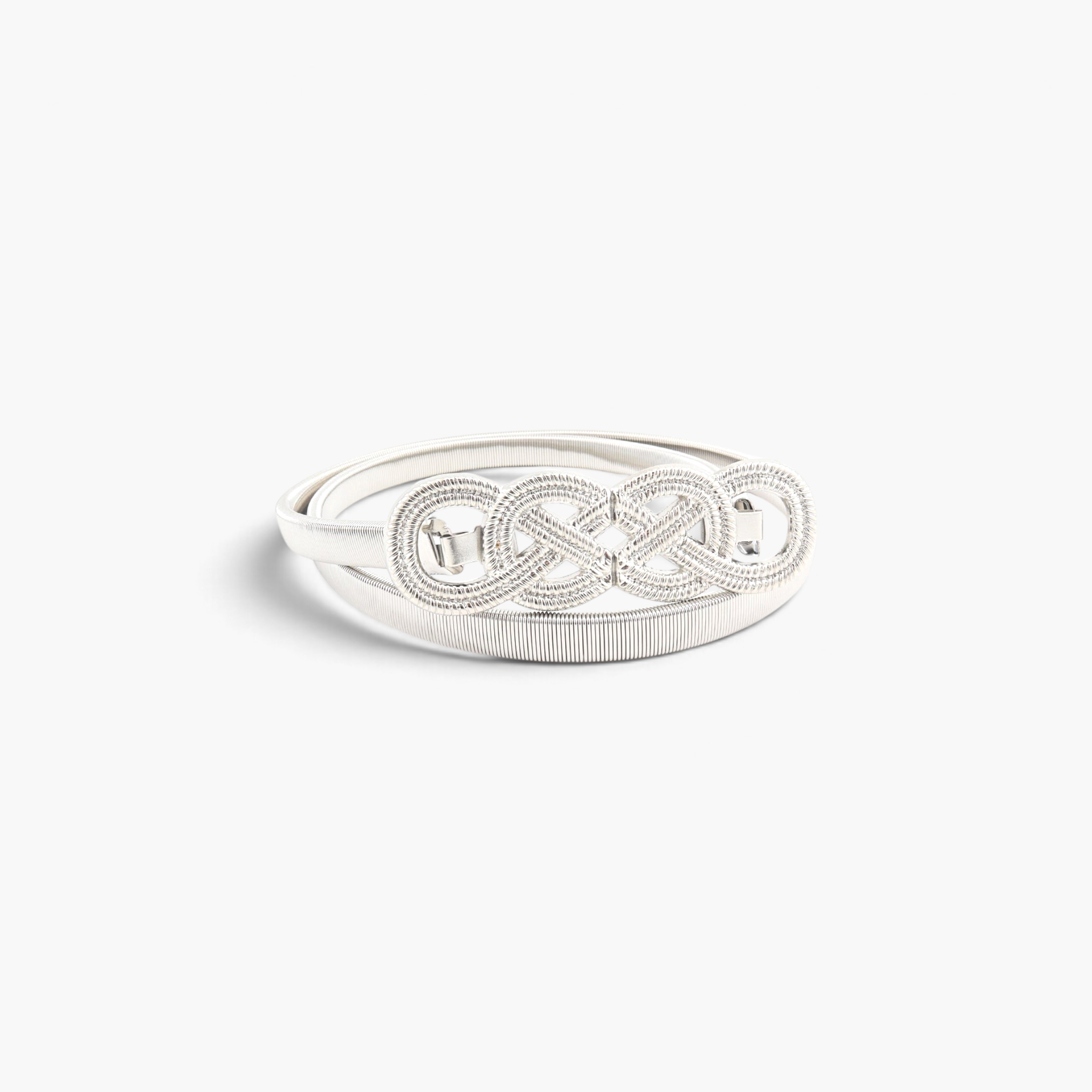 Beach Rose Co. silver metal waist belt featuring an intricate interwoven knot buckle and a slim ridged band.
