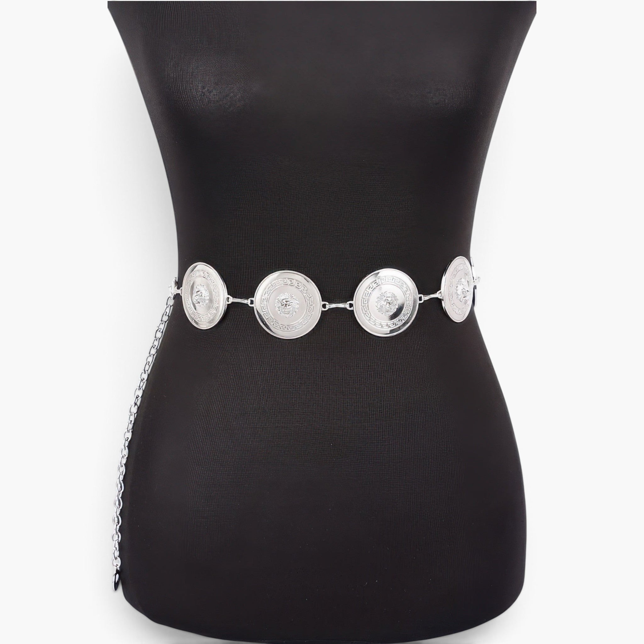 Beach Rose Co. silver metal chain belt featuring circular medallions with intricate embossed detailing on a mannequin