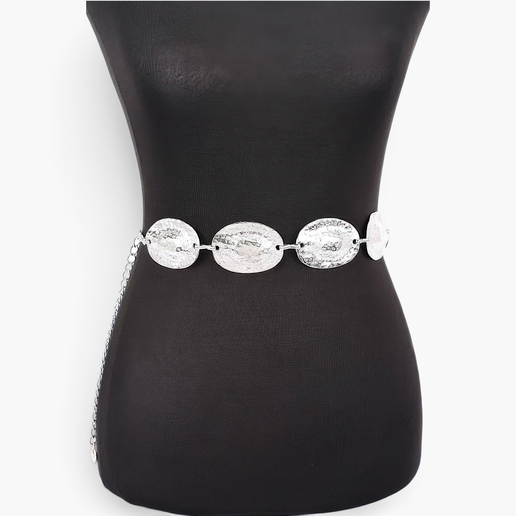 Beach Rose Co. silver chain belt featuring hammered metal discs on a black mannequin torso