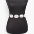 Beach Rose Co. silver chain belt featuring hammered metal discs on a black mannequin torso