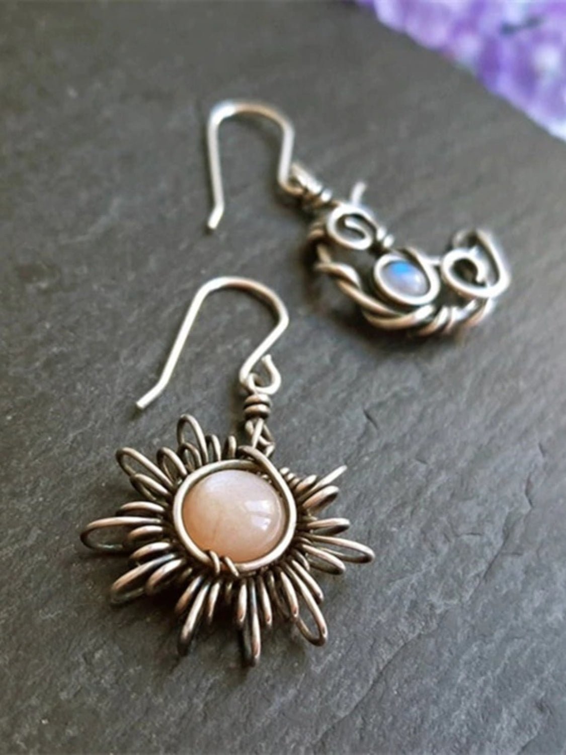 Beach Rose Co. - Silver Mismatched Moon & Sun Moonstone Dangle Earrings