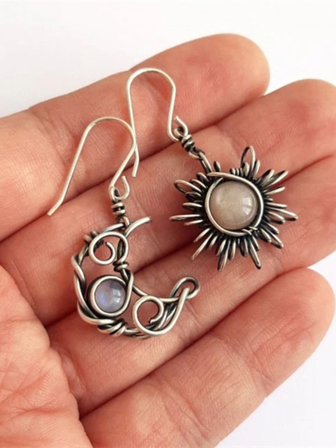 Beach Rose Co. - Silver Mismatched Moon & Sun Moonstone Dangle Earrings