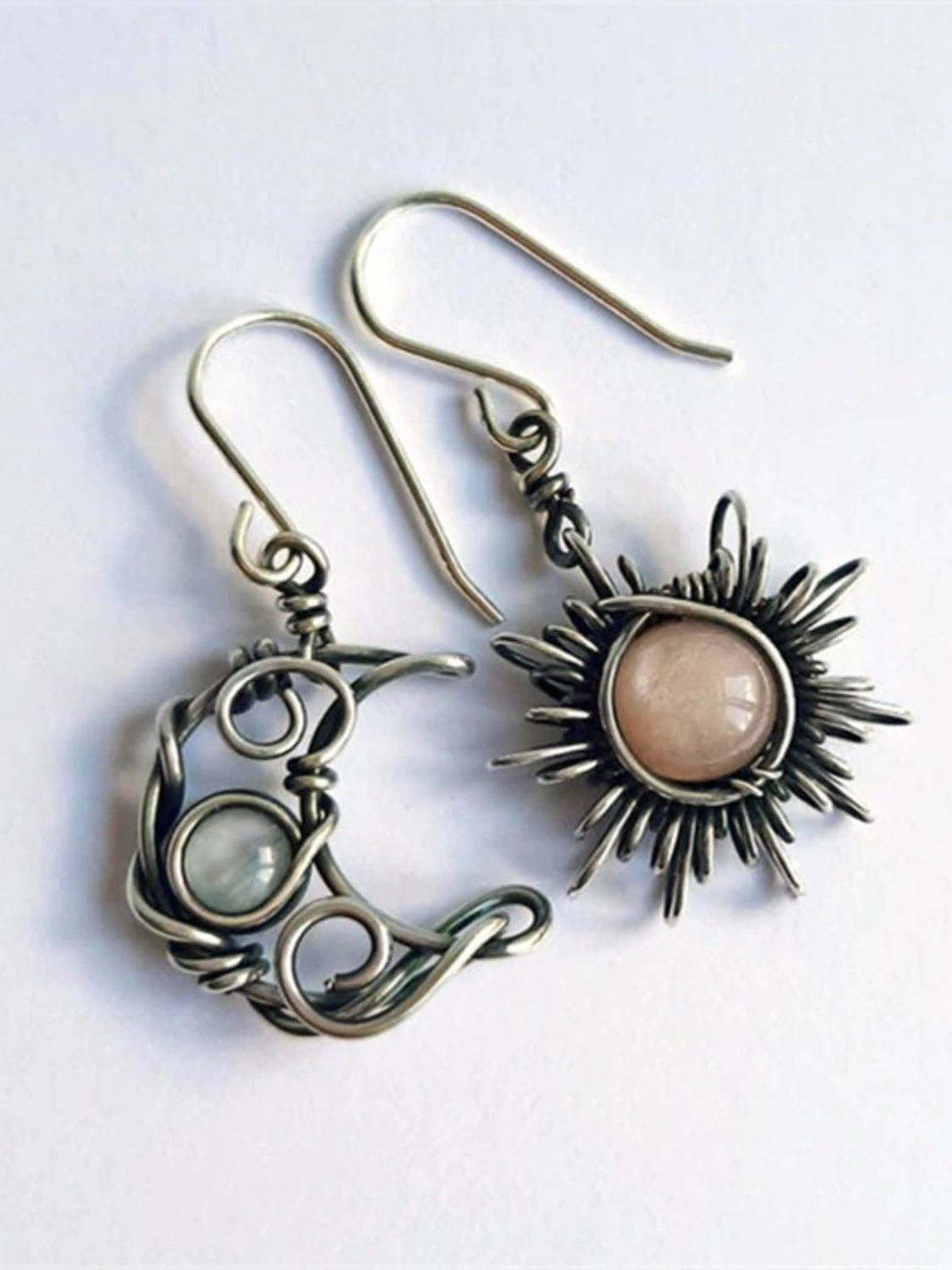 Beach Rose Co. - Silver Mismatched Moon & Sun Moonstone Dangle Earrings